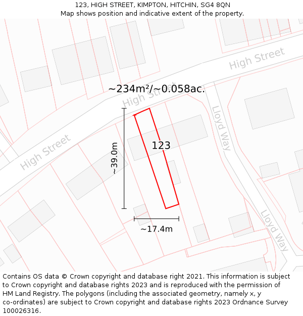 123, HIGH STREET, KIMPTON, HITCHIN, SG4 8QN: Plot and title map