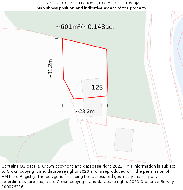 123, HUDDERSFIELD ROAD, HOLMFIRTH, HD9 3JA: Plot and title map