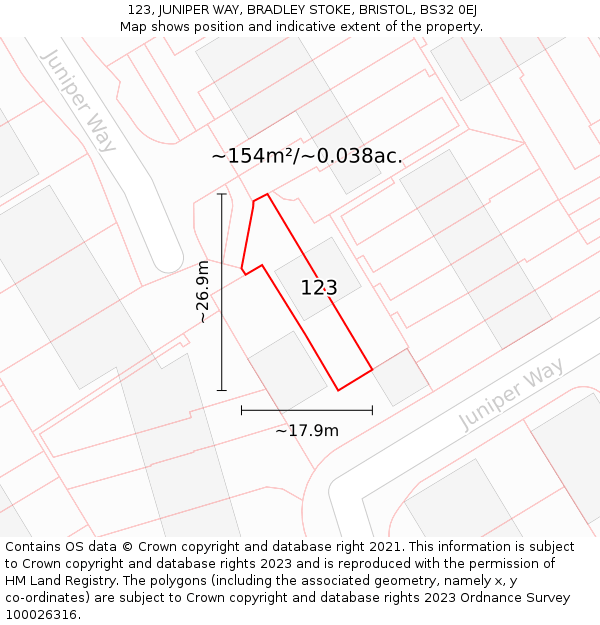 123, JUNIPER WAY, BRADLEY STOKE, BRISTOL, BS32 0EJ: Plot and title map