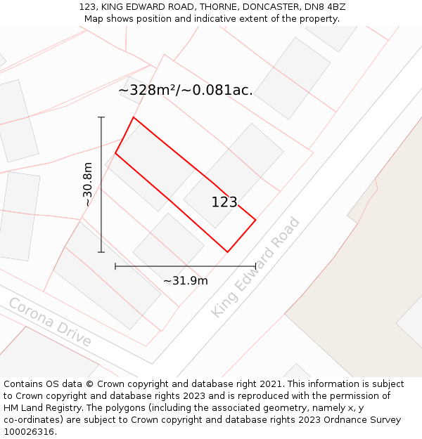 123, KING EDWARD ROAD, THORNE, DONCASTER, DN8 4BZ: Plot and title map