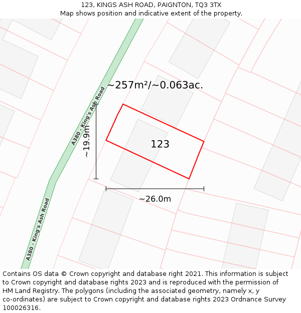 123, KINGS ASH ROAD, PAIGNTON, TQ3 3TX: Plot and title map