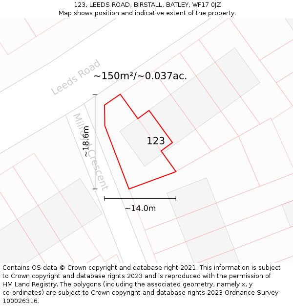 123, LEEDS ROAD, BIRSTALL, BATLEY, WF17 0JZ: Plot and title map