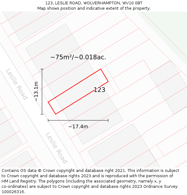 123, LESLIE ROAD, WOLVERHAMPTON, WV10 0BT: Plot and title map