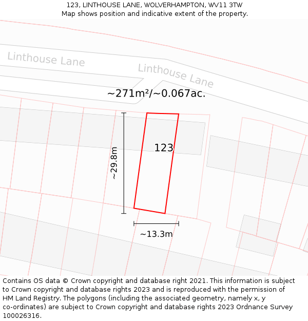 123, LINTHOUSE LANE, WOLVERHAMPTON, WV11 3TW: Plot and title map