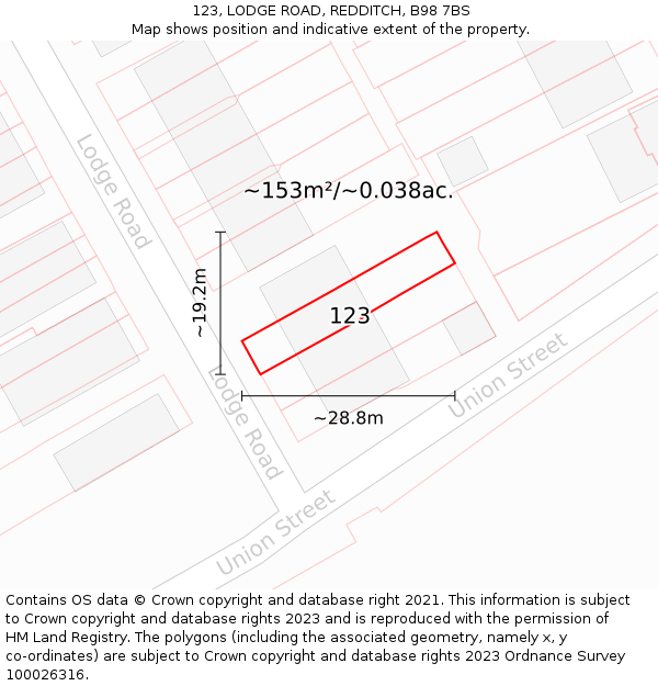 123, LODGE ROAD, REDDITCH, B98 7BS: Plot and title map