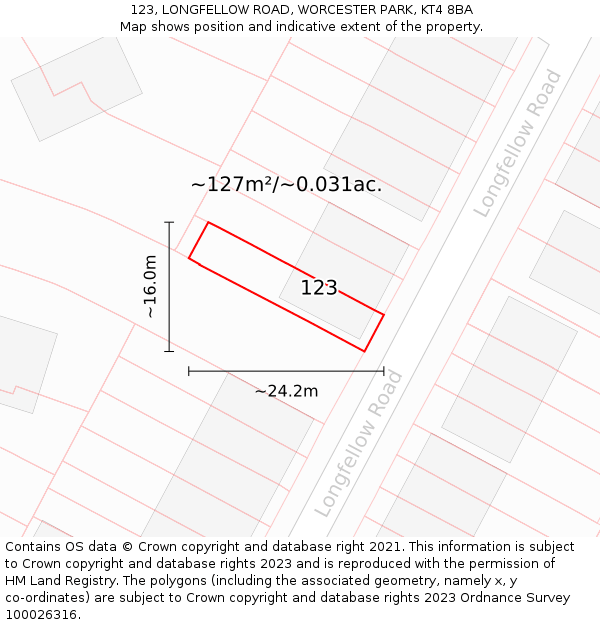 123, LONGFELLOW ROAD, WORCESTER PARK, KT4 8BA: Plot and title map