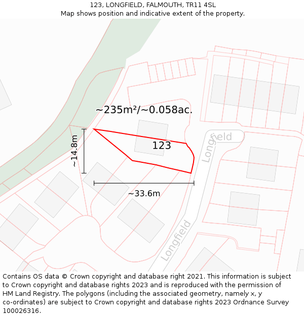 123, LONGFIELD, FALMOUTH, TR11 4SL: Plot and title map
