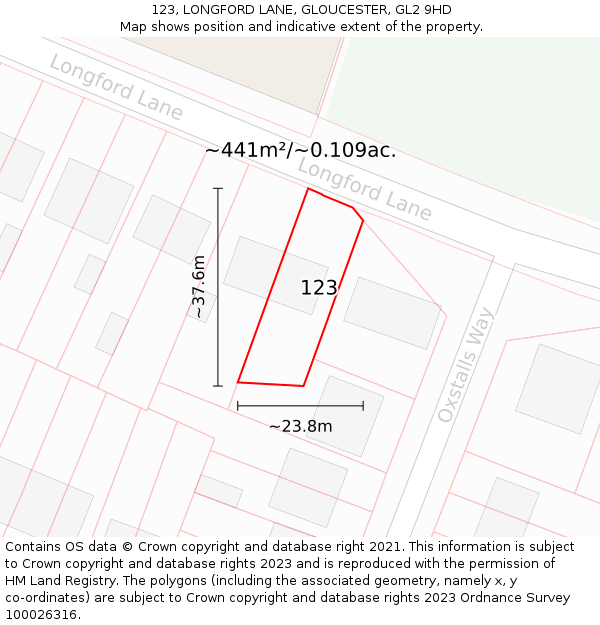 123, LONGFORD LANE, GLOUCESTER, GL2 9HD: Plot and title map