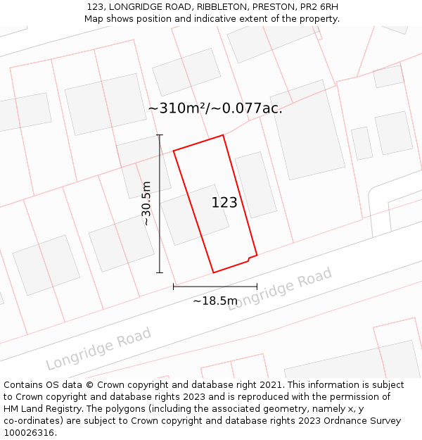 123, LONGRIDGE ROAD, RIBBLETON, PRESTON, PR2 6RH: Plot and title map