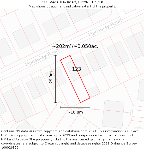 123, MACAULAY ROAD, LUTON, LU4 0LP: Plot and title map