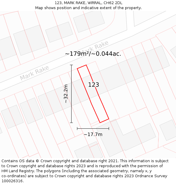 123, MARK RAKE, WIRRAL, CH62 2DL: Plot and title map