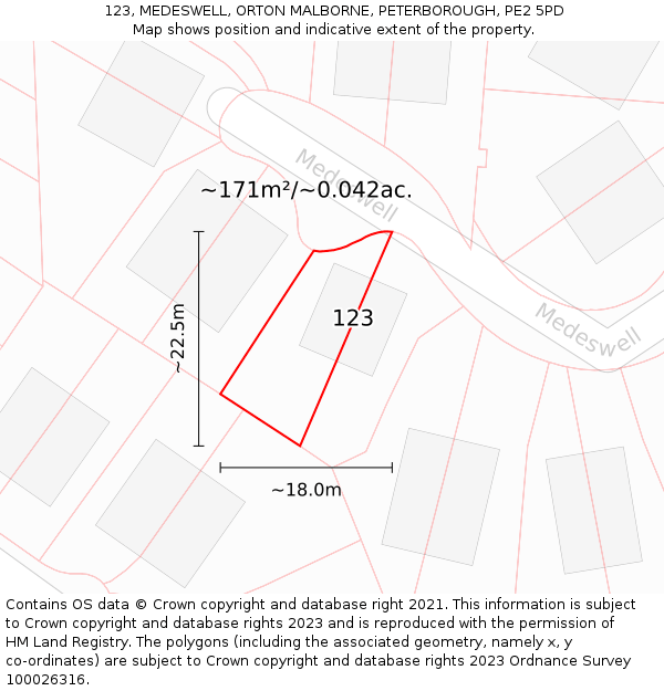 123, MEDESWELL, ORTON MALBORNE, PETERBOROUGH, PE2 5PD: Plot and title map