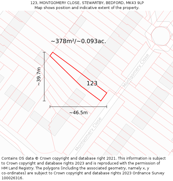 123, MONTGOMERY CLOSE, STEWARTBY, BEDFORD, MK43 9LP: Plot and title map