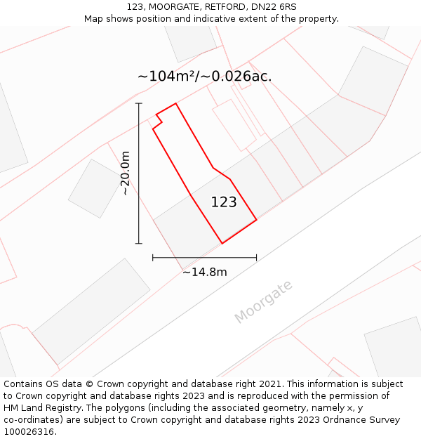 123, MOORGATE, RETFORD, DN22 6RS: Plot and title map