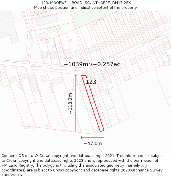 123, MOORWELL ROAD, SCUNTHORPE, DN17 2SX: Plot and title map