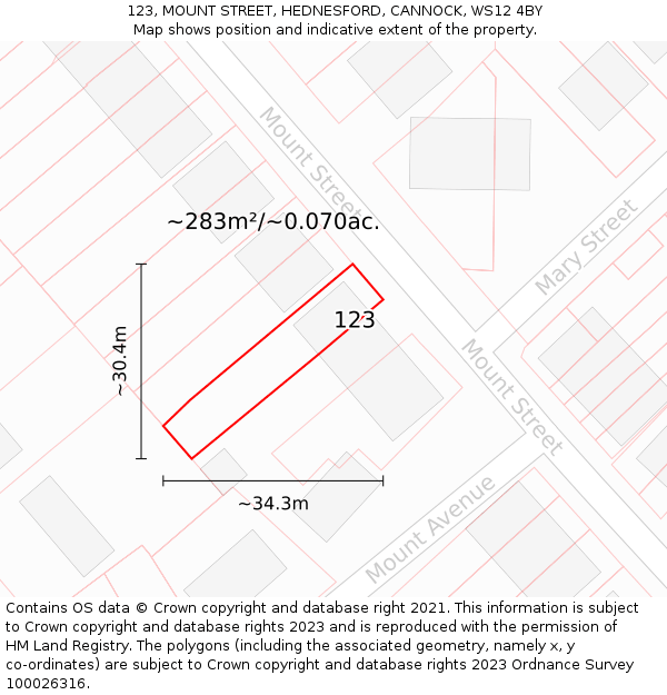 123, MOUNT STREET, HEDNESFORD, CANNOCK, WS12 4BY: Plot and title map