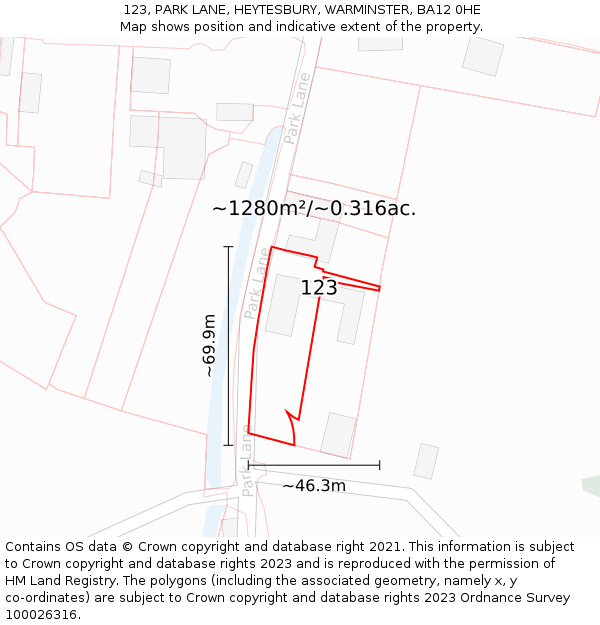 123, PARK LANE, HEYTESBURY, WARMINSTER, BA12 0HE: Plot and title map