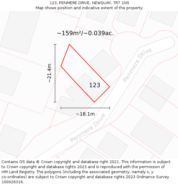 123, PENMERE DRIVE, NEWQUAY, TR7 1NS: Plot and title map
