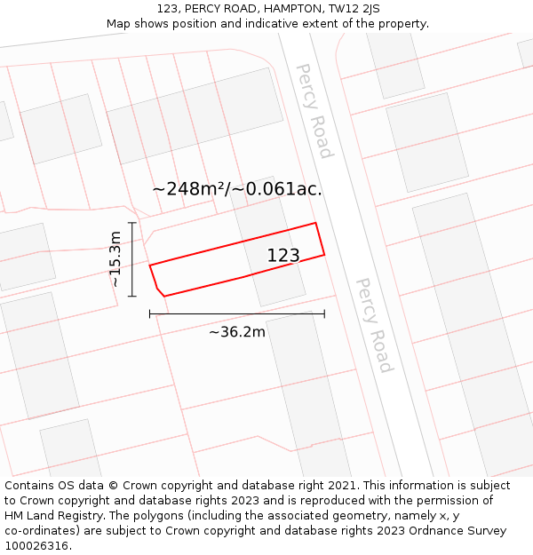 123, PERCY ROAD, HAMPTON, TW12 2JS: Plot and title map