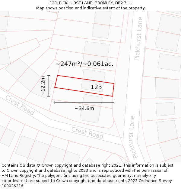 123, PICKHURST LANE, BROMLEY, BR2 7HU: Plot and title map