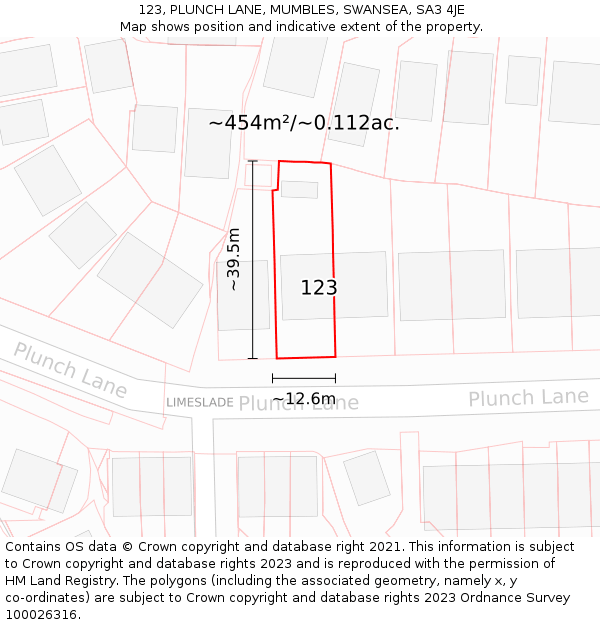 123, PLUNCH LANE, MUMBLES, SWANSEA, SA3 4JE: Plot and title map