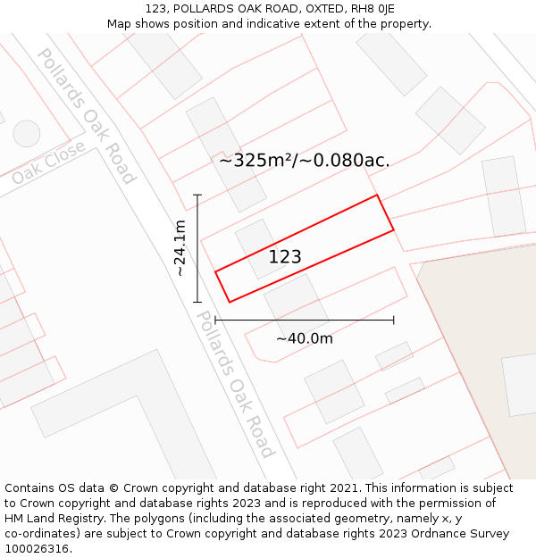 123, POLLARDS OAK ROAD, OXTED, RH8 0JE: Plot and title map