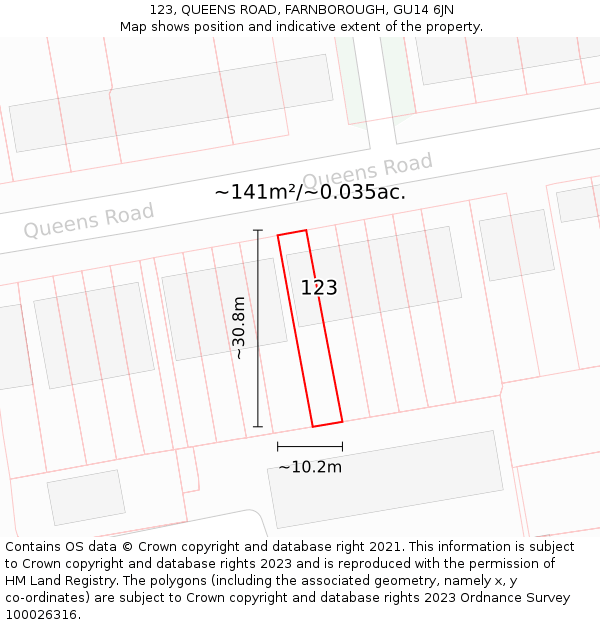 123, QUEENS ROAD, FARNBOROUGH, GU14 6JN: Plot and title map