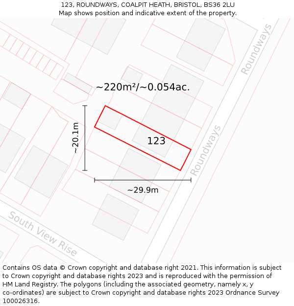 123, ROUNDWAYS, COALPIT HEATH, BRISTOL, BS36 2LU: Plot and title map