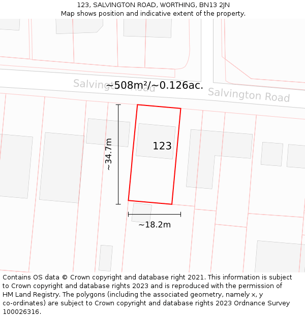 123, SALVINGTON ROAD, WORTHING, BN13 2JN: Plot and title map