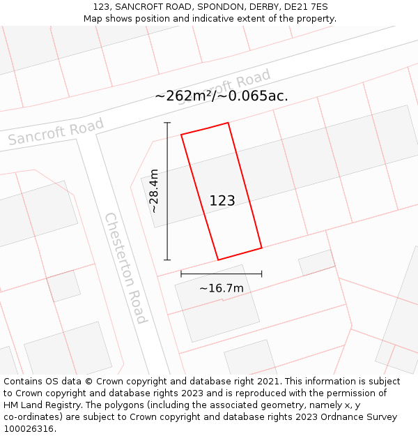 123, SANCROFT ROAD, SPONDON, DERBY, DE21 7ES: Plot and title map