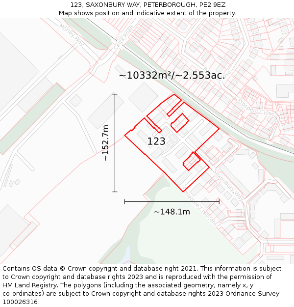 123, SAXONBURY WAY, PETERBOROUGH, PE2 9EZ: Plot and title map