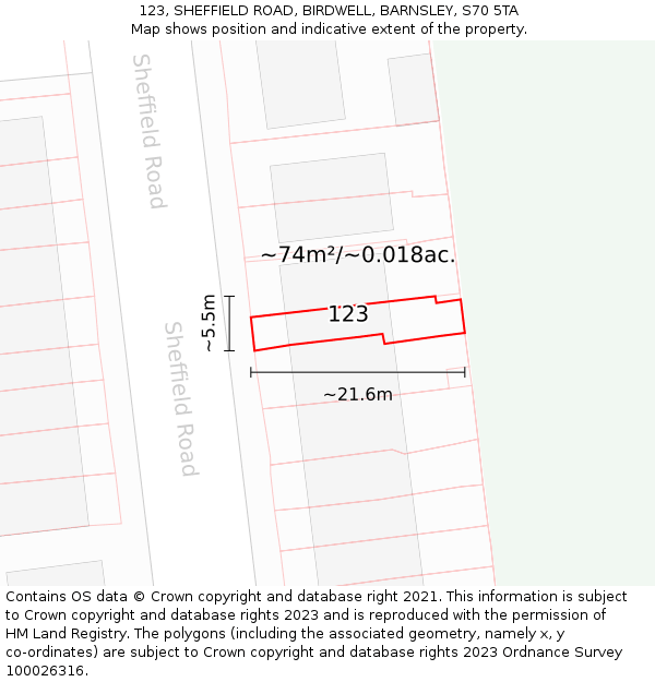 123, SHEFFIELD ROAD, BIRDWELL, BARNSLEY, S70 5TA: Plot and title map