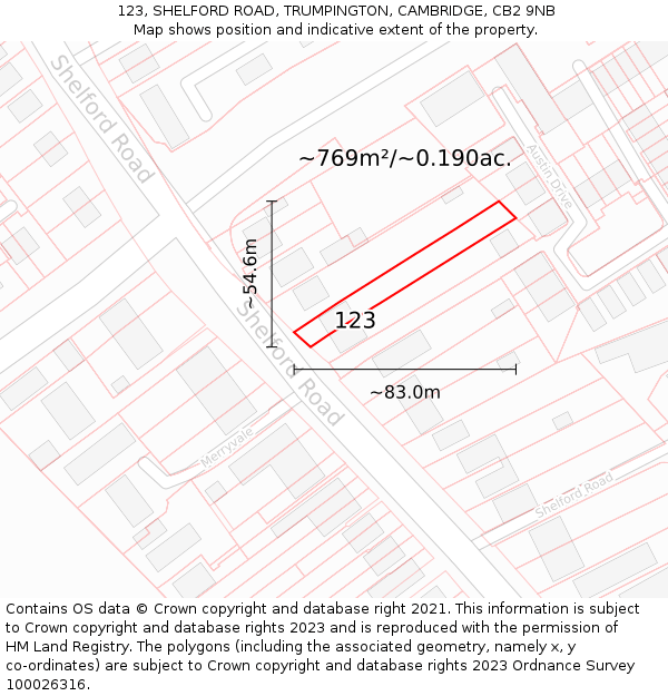 123, SHELFORD ROAD, TRUMPINGTON, CAMBRIDGE, CB2 9NB: Plot and title map