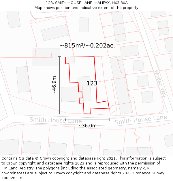 123, SMITH HOUSE LANE, HALIFAX, HX3 8XA: Plot and title map