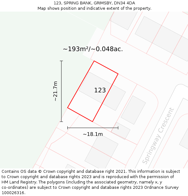 123, SPRING BANK, GRIMSBY, DN34 4DA: Plot and title map