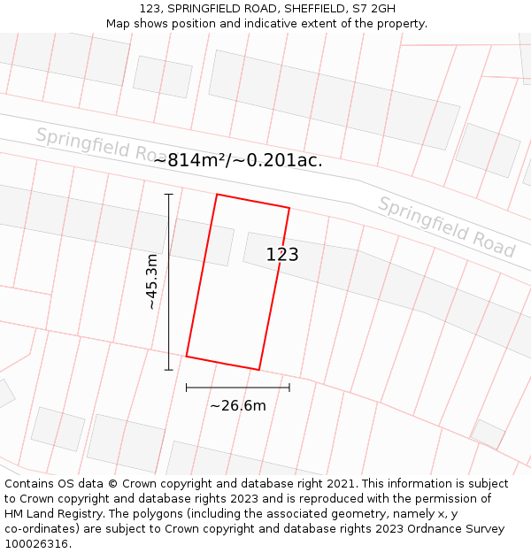 123, SPRINGFIELD ROAD, SHEFFIELD, S7 2GH: Plot and title map