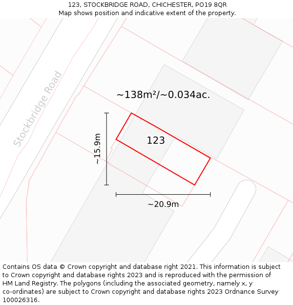 123, STOCKBRIDGE ROAD, CHICHESTER, PO19 8QR: Plot and title map