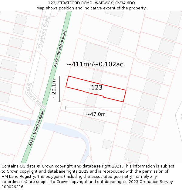 123, STRATFORD ROAD, WARWICK, CV34 6BQ: Plot and title map
