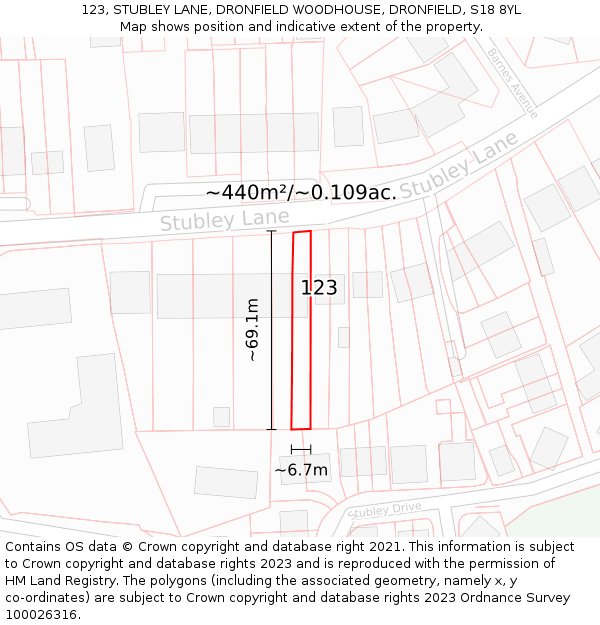 123, STUBLEY LANE, DRONFIELD WOODHOUSE, DRONFIELD, S18 8YL: Plot and title map