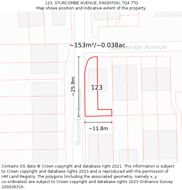 123, STURCOMBE AVENUE, PAIGNTON, TQ4 7TD: Plot and title map