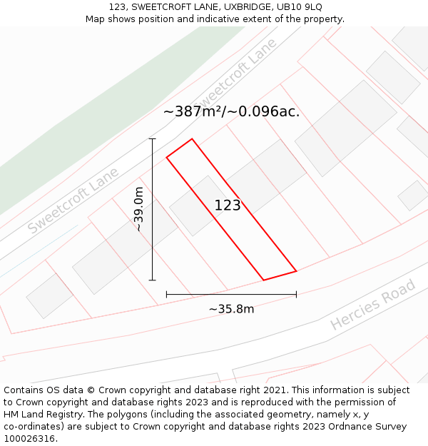 123, SWEETCROFT LANE, UXBRIDGE, UB10 9LQ: Plot and title map