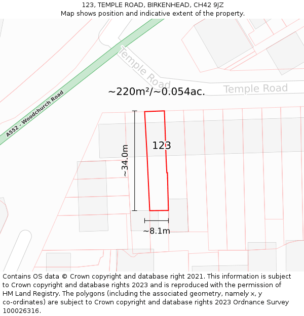 123, TEMPLE ROAD, BIRKENHEAD, CH42 9JZ: Plot and title map