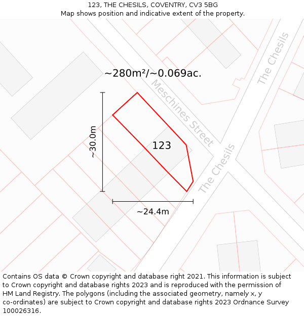 123, THE CHESILS, COVENTRY, CV3 5BG: Plot and title map