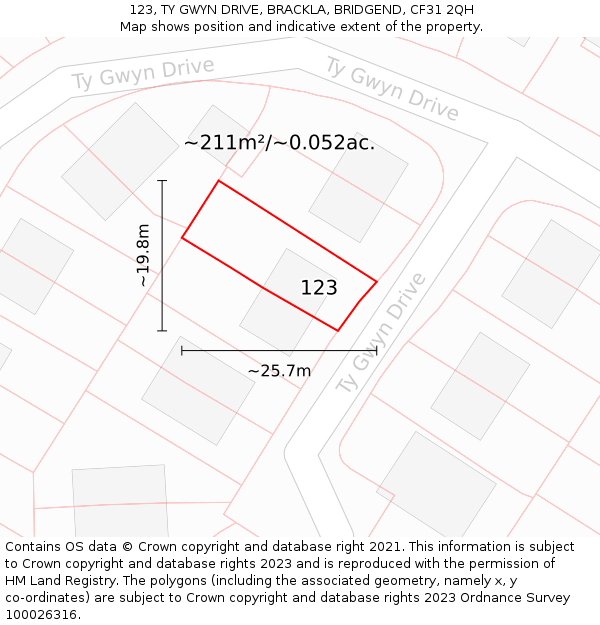 123, TY GWYN DRIVE, BRACKLA, BRIDGEND, CF31 2QH: Plot and title map