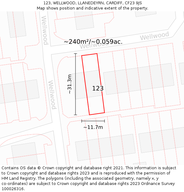 123, WELLWOOD, LLANEDEYRN, CARDIFF, CF23 9JS: Plot and title map