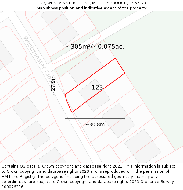 123, WESTMINSTER CLOSE, MIDDLESBROUGH, TS6 9NR: Plot and title map