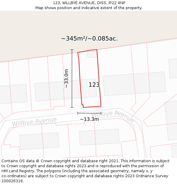 123, WILLBYE AVENUE, DISS, IP22 4NP: Plot and title map