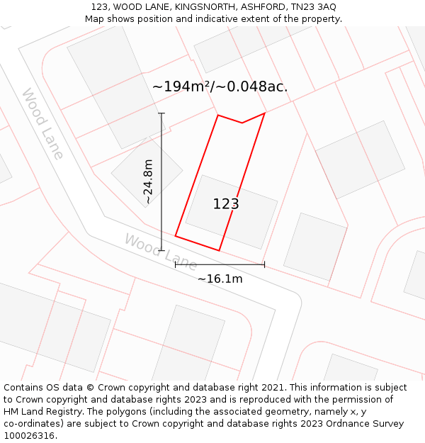 123, WOOD LANE, KINGSNORTH, ASHFORD, TN23 3AQ: Plot and title map