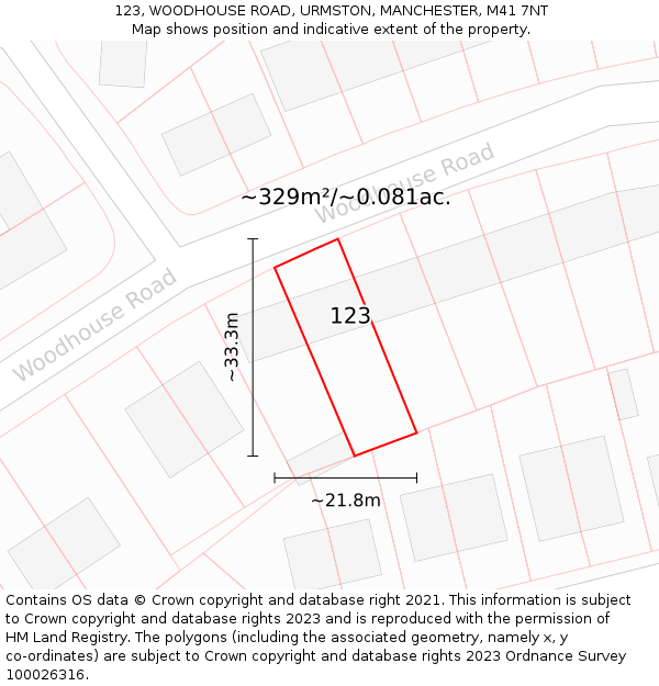 123, WOODHOUSE ROAD, URMSTON, MANCHESTER, M41 7NT: Plot and title map