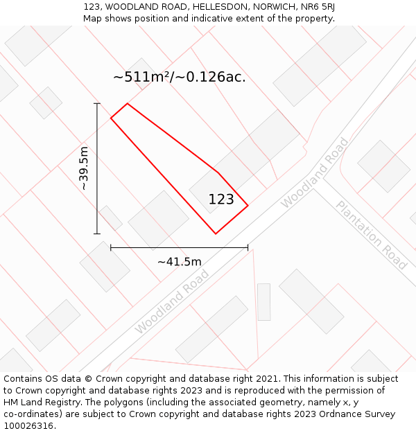 123, WOODLAND ROAD, HELLESDON, NORWICH, NR6 5RJ: Plot and title map